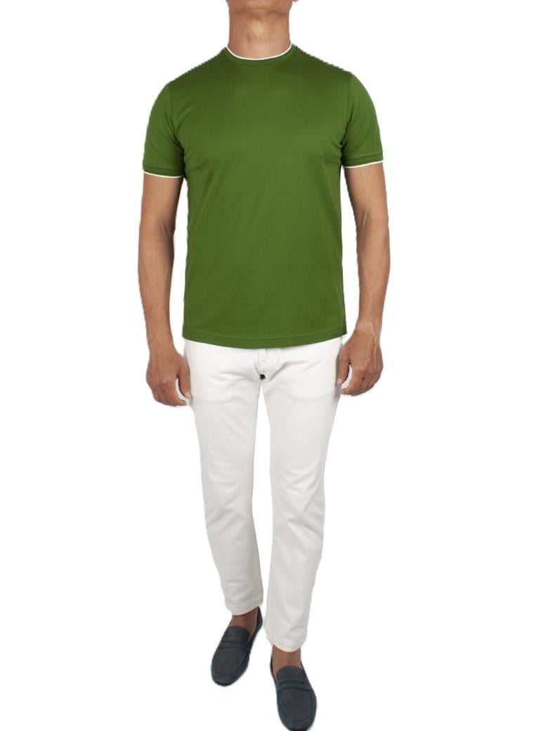 Regular Fit Yaka Detaylı Merserize %100 Pamuk Yeşil Bisiklet Yaka Tişört