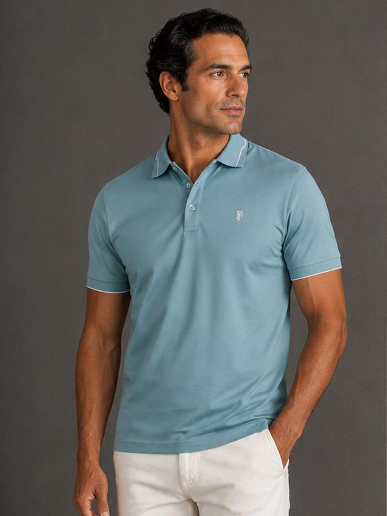Regular Fit, Collar Detail, Mercerized 100% Cotton Turquoise Polo T-shirt