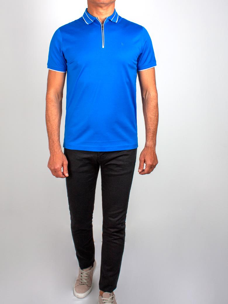 Regular Fit Yaka Detaylı Merserize %100 Pamuk Fermuarlı Saks Polo Tişört