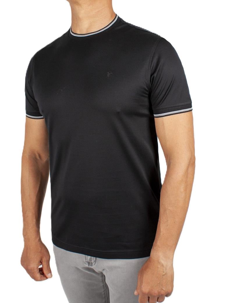 Regular Fit Yaka Detaylı Merserize %100 Pamuk Siyah Bisiklet Yaka Tişört