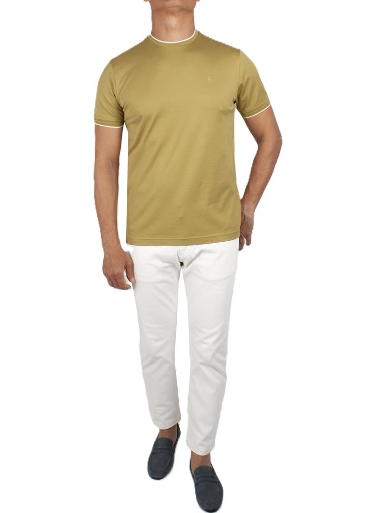 Regular Fit Yaka Detaylı Merserize %100 Pamuk Fıstık Yeşili Bisiklet Yaka Tişört