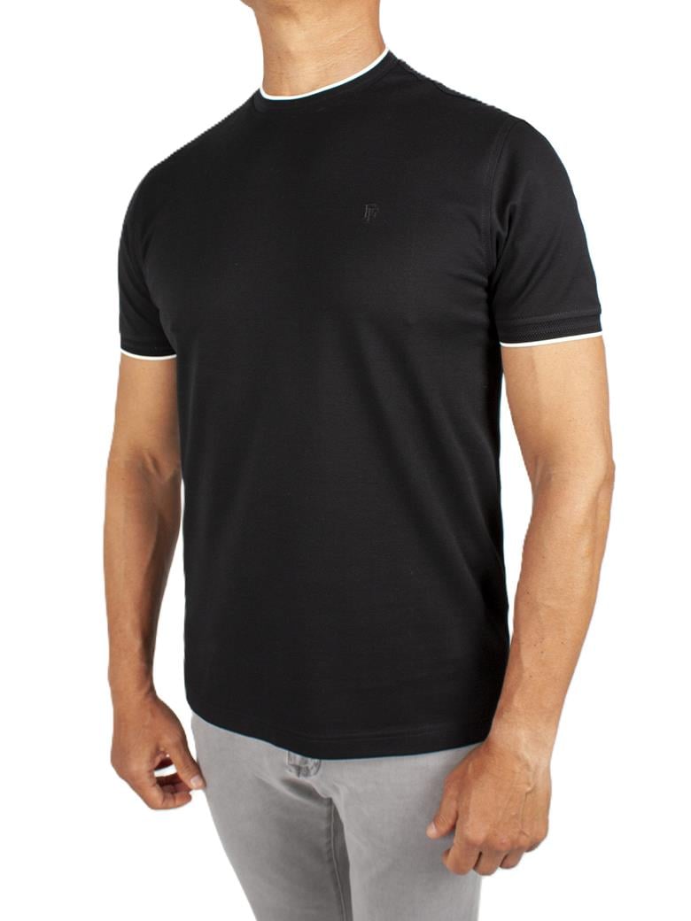 Regular Fit Yaka Detaylı Merserize %100 Pamuk Siyah Bisiklet Yaka Tişört