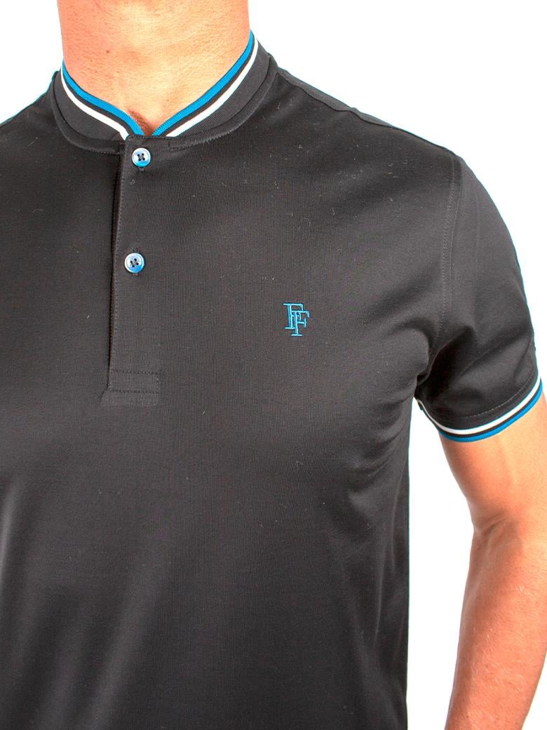 Regular Fit Yaka Detaylı Merserize %100 Pamuk Siyah V Yaka Düğmeli Tişört