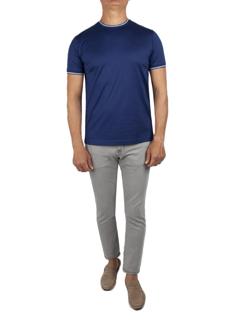 Regular Fit Yaka Detaylı Merserize %100 Pamuk Açık Lacivert Bisiklet Yaka Tişört