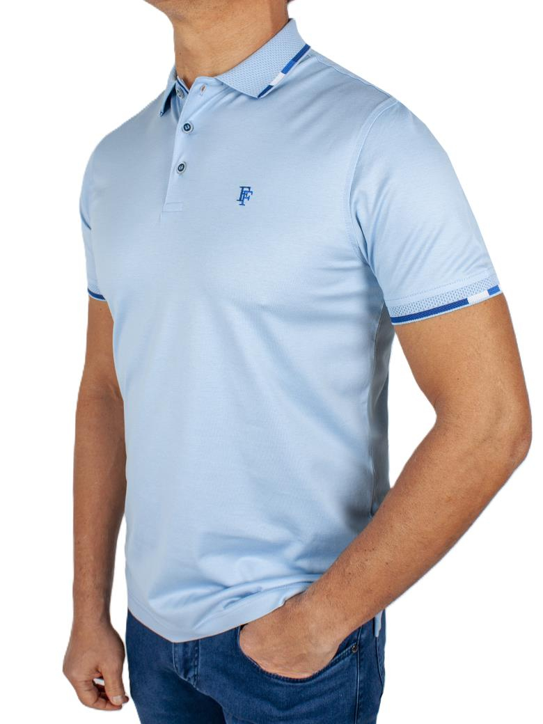 Regular Fit Yaka Detaylı Merserize %100 Pamuk Mavi Polo Tişört