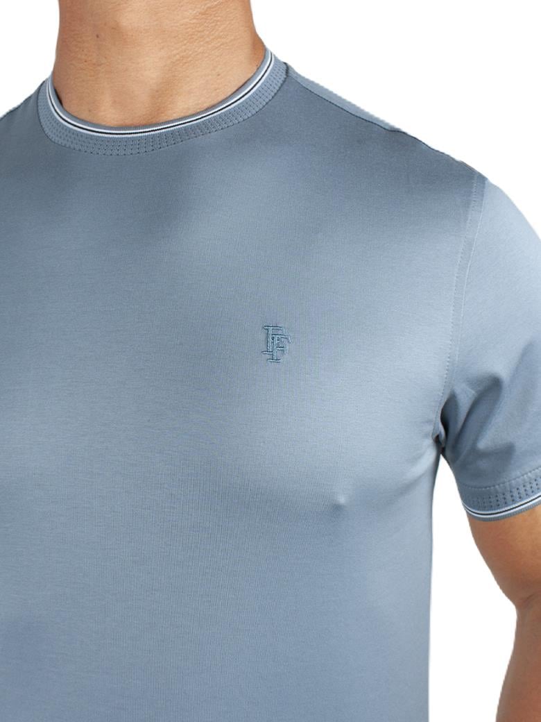 Regular Fit Yaka Detaylı Merserize %100 Pamuk Mavi Bisiklet Yaka Tişört