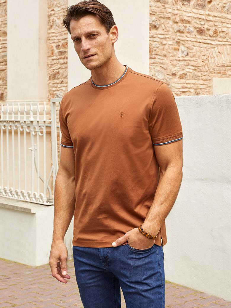 Regular Fit Collar Detailed Mercerized 100% Cotton Brown Crew Neck T-Shirt