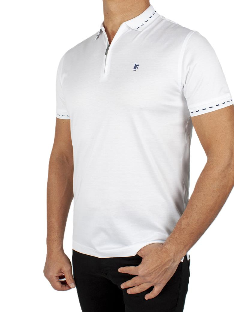 Regular Fit Yaka Detaylı Merserize %100 Pamuk Fermuarlı Beyaz Polo Tişört