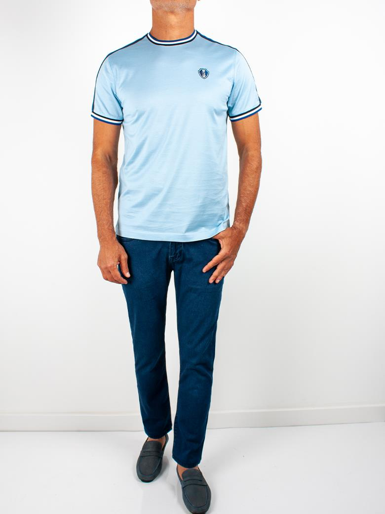 Regular Fit Yaka Detaylı Merserize %100 Pamuk Mavi Bisiklet Yaka Tişört