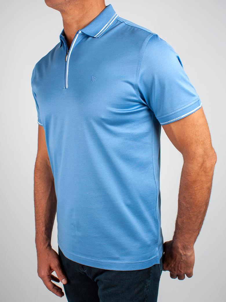 Regular Fit Yaka Detaylı Merserize %100 Pamuk Fermuarlı Mavi Polo Tişört