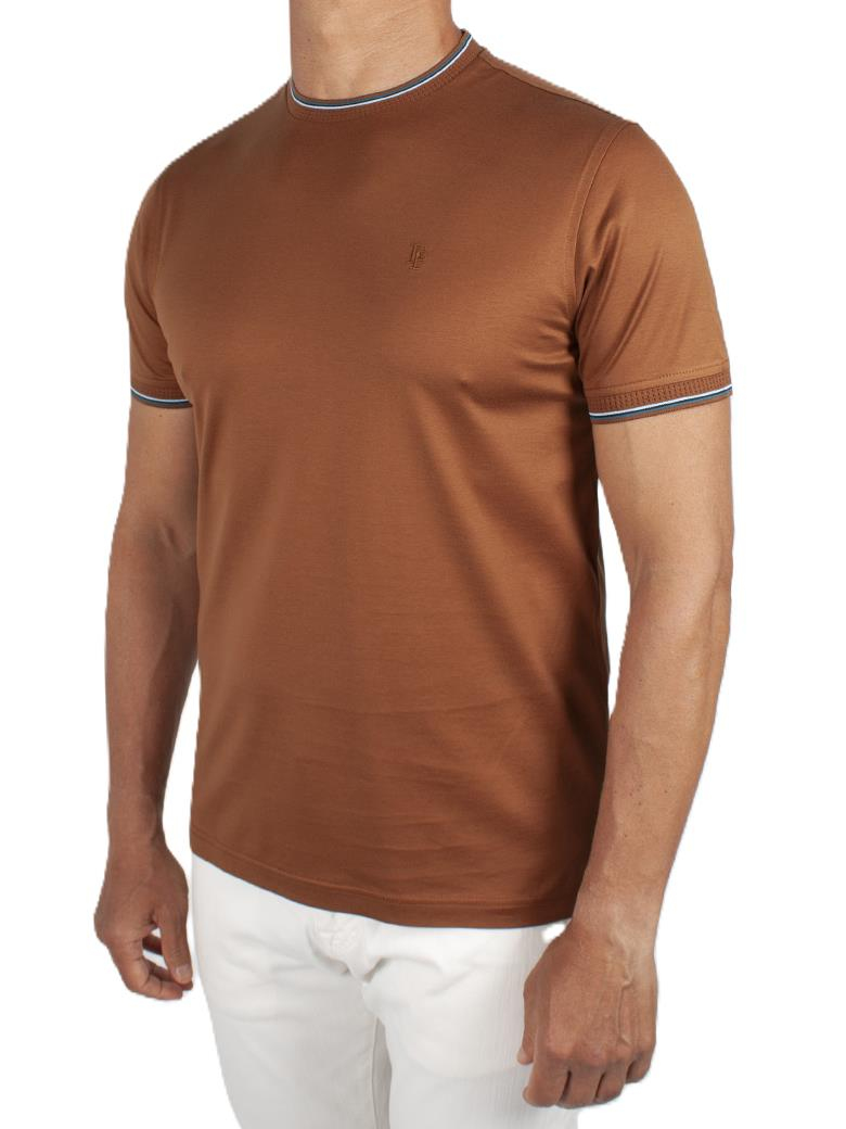Regular Fit Yaka Detaylı Merserize %100 Pamuk Kahve Bisiklet Yaka Tişört