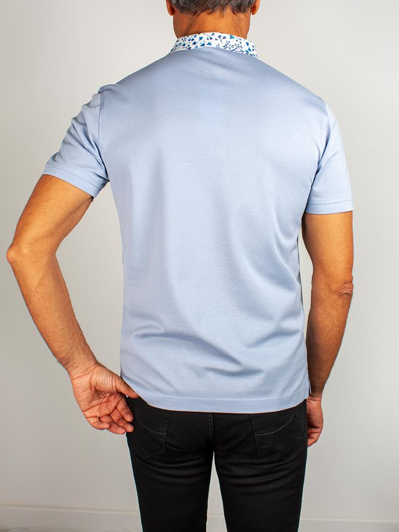 Regular Fit Yaka Detaylı Merserize %100 Pamuk Açık Mavi Polo Tişört