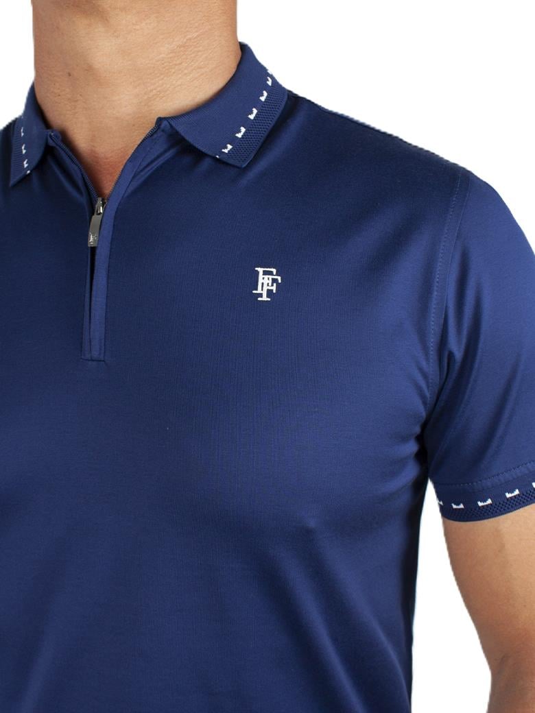 Regular Fit Yaka Detaylı Merserize %100 Pamuk Fermuarlı Lacivert Polo Tişört