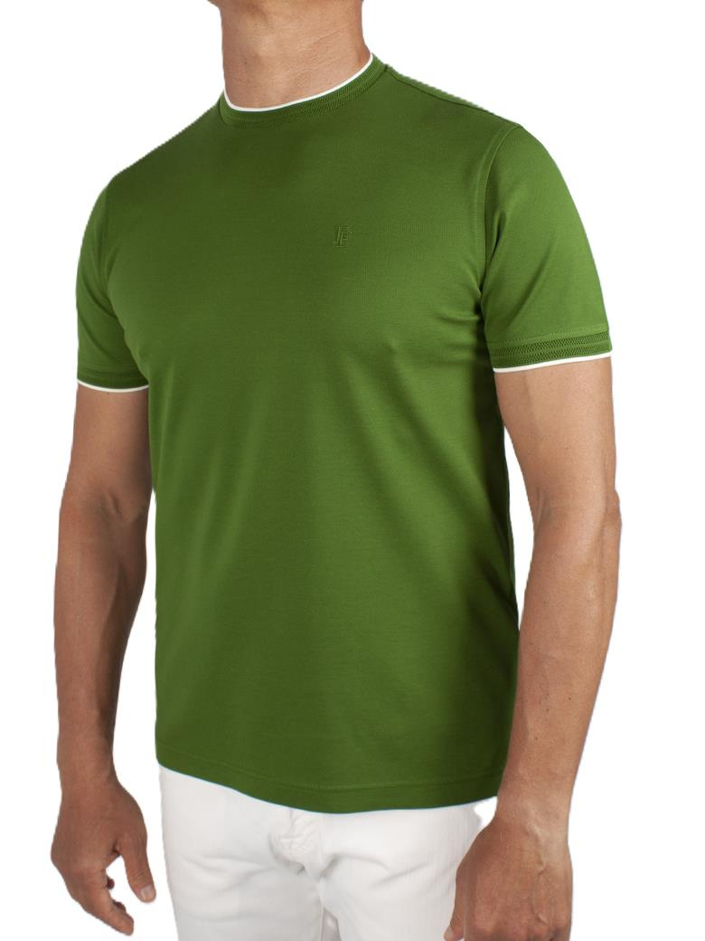 Regular Fit Yaka Detaylı Merserize %100 Pamuk Yeşil Bisiklet Yaka Tişört