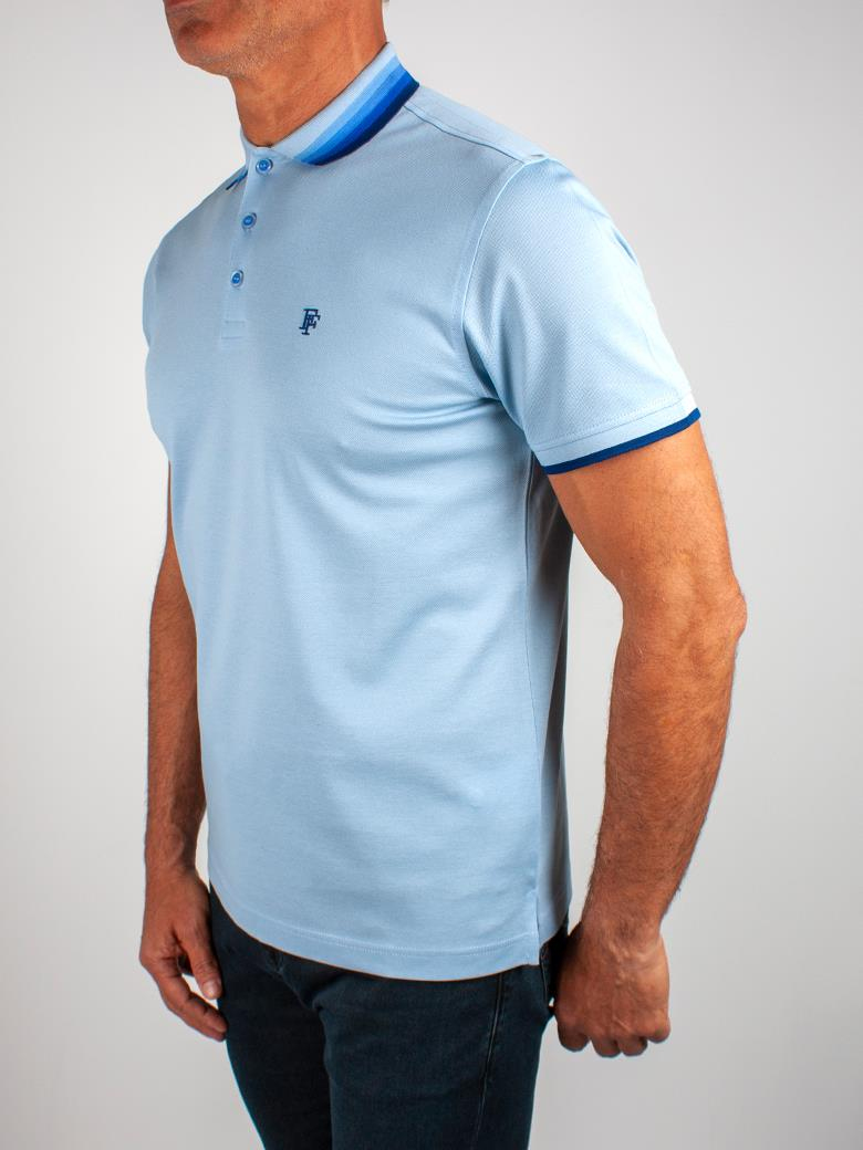 Regular Fit Yaka Detaylı Merserize %100 Pamuk Acık Mavi Polo Tişört