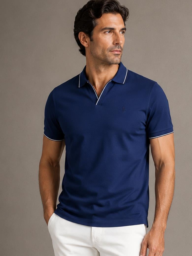 Regular Fit Yaka Detaylı V Yaka Merserize %100 Pamuk Açık Lacivert Polo Tişört