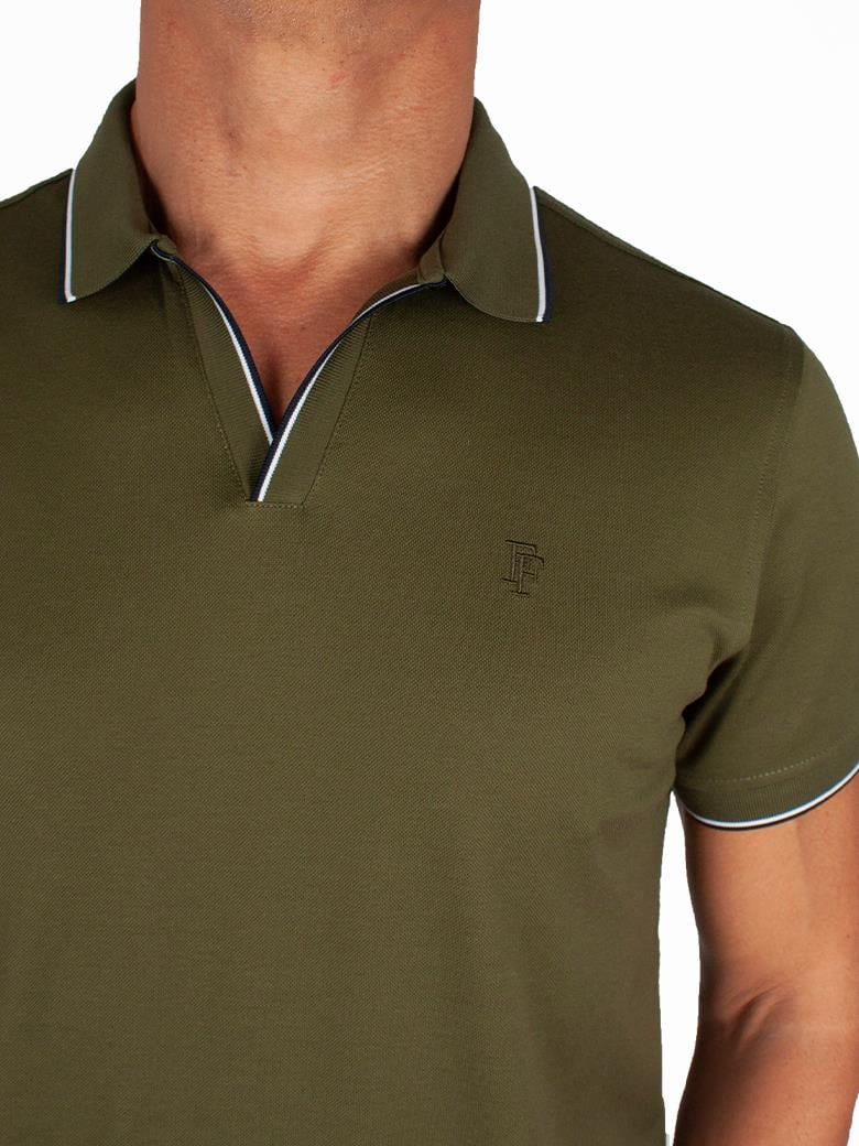 Regular Fit Yaka Detaylı V Yaka Merserize %100 Pamuk Haki Polo Tişört