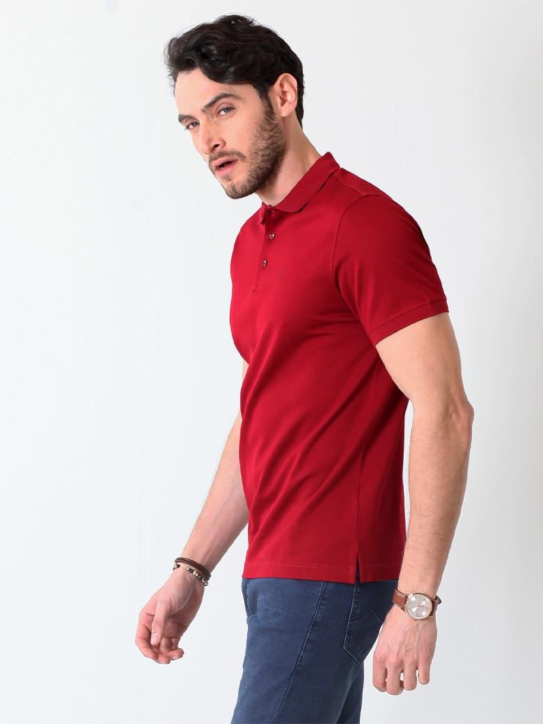 Reguler Fit Merserize %100 Pamuk Bordo Polo Yaka Tişört