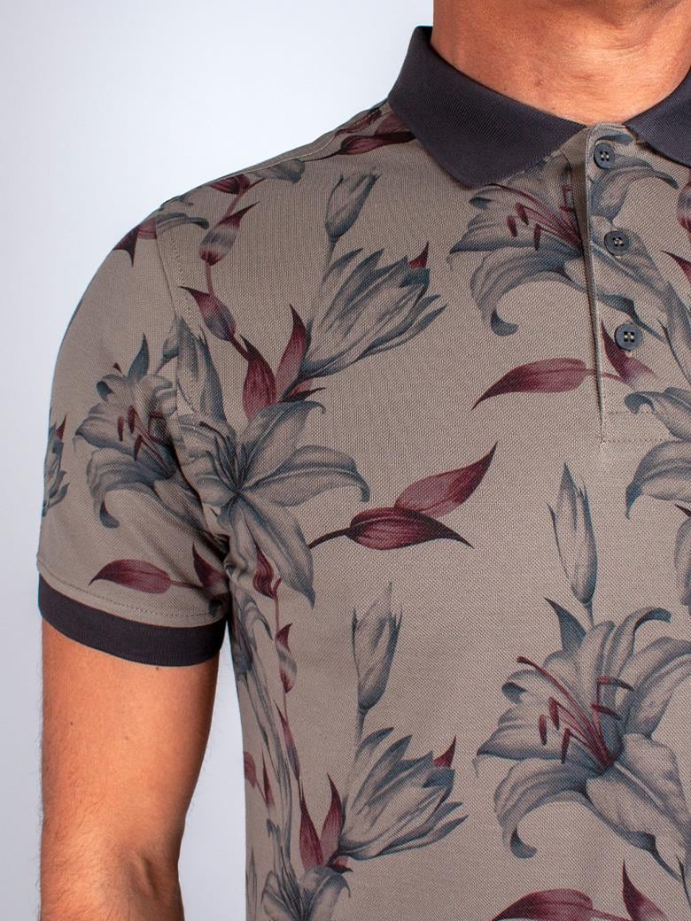 Reguler Fit Merserize %100 Pamuk Desenli Haki Polo Yaka Tişört