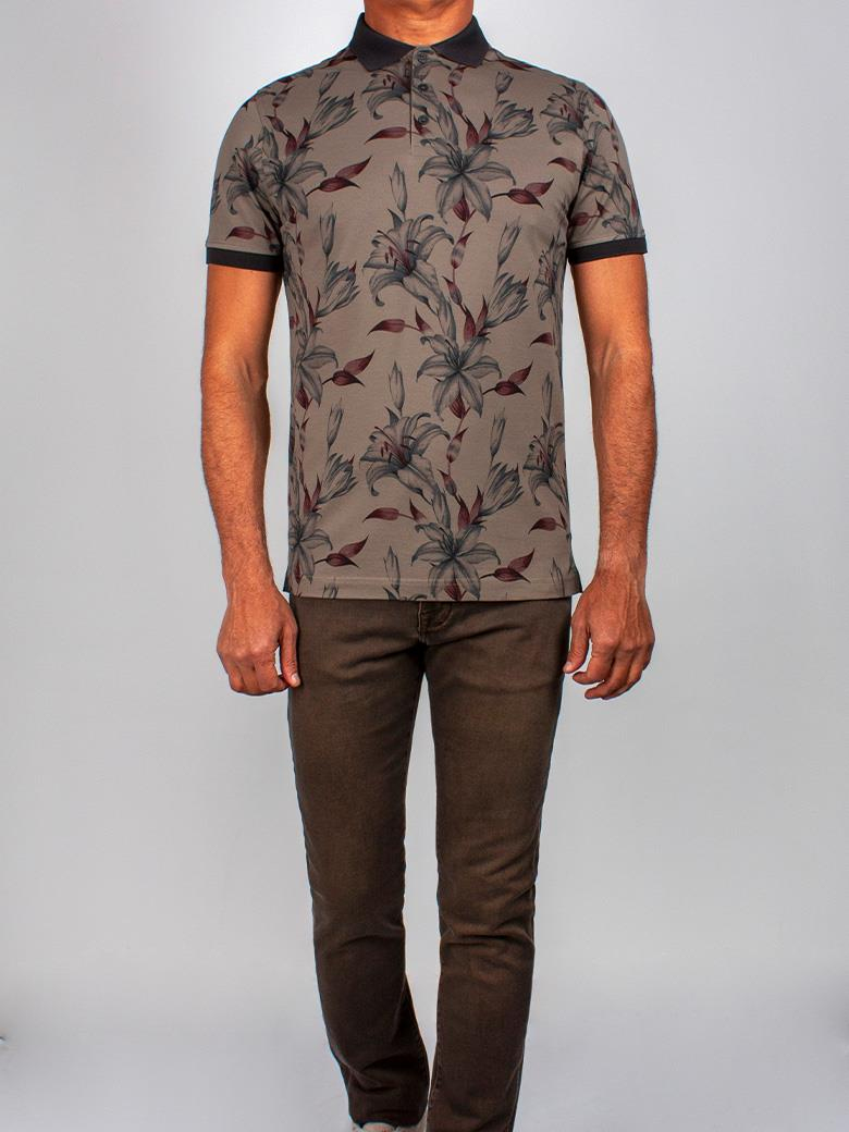 Reguler Fit Merserize %100 Pamuk Desenli Haki Polo Yaka Tişört