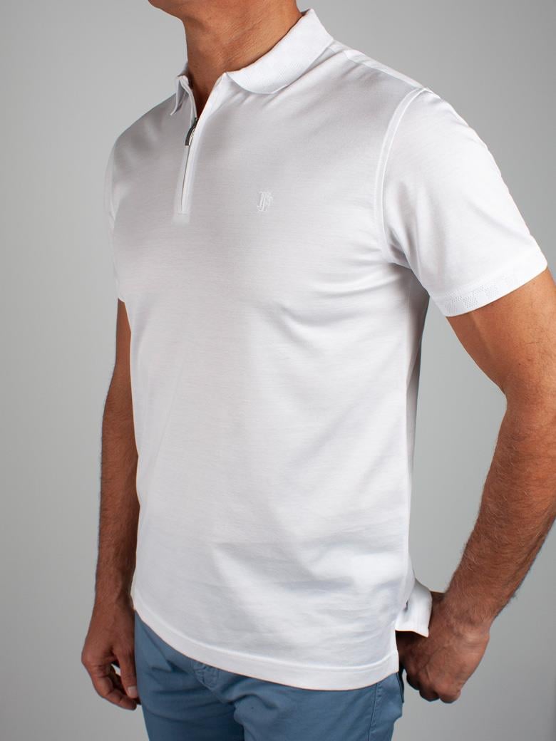 Reguler Fit Yaka Detaylı Merserize %100 Pamuk Fermuarlı Beyaz Polo Tişört