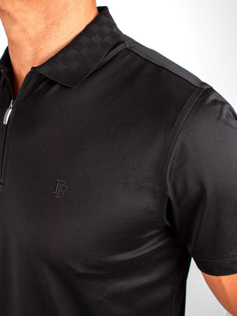 Reguler Fit Yaka Detaylı Merserize %100 Pamuk Fermuarlı Siyah Polo Tişört