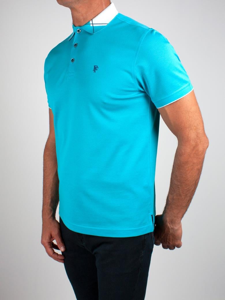 Reguler Fit Yaka Detaylı Merserize %100 Pamuk Turkuaz Polo Tişört