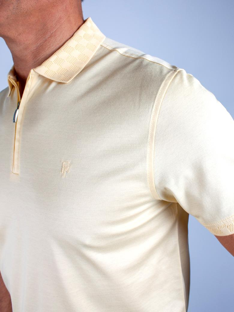 Reguler Fit Yaka Detaylı Merserize %100 Pamuk Fermuarlı Sarı Polo Tişört