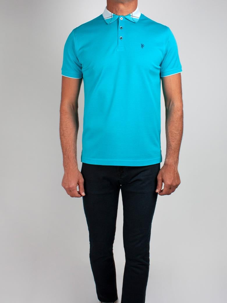 Reguler Fit Yaka Detaylı Merserize %100 Pamuk Turkuaz Polo Tişört