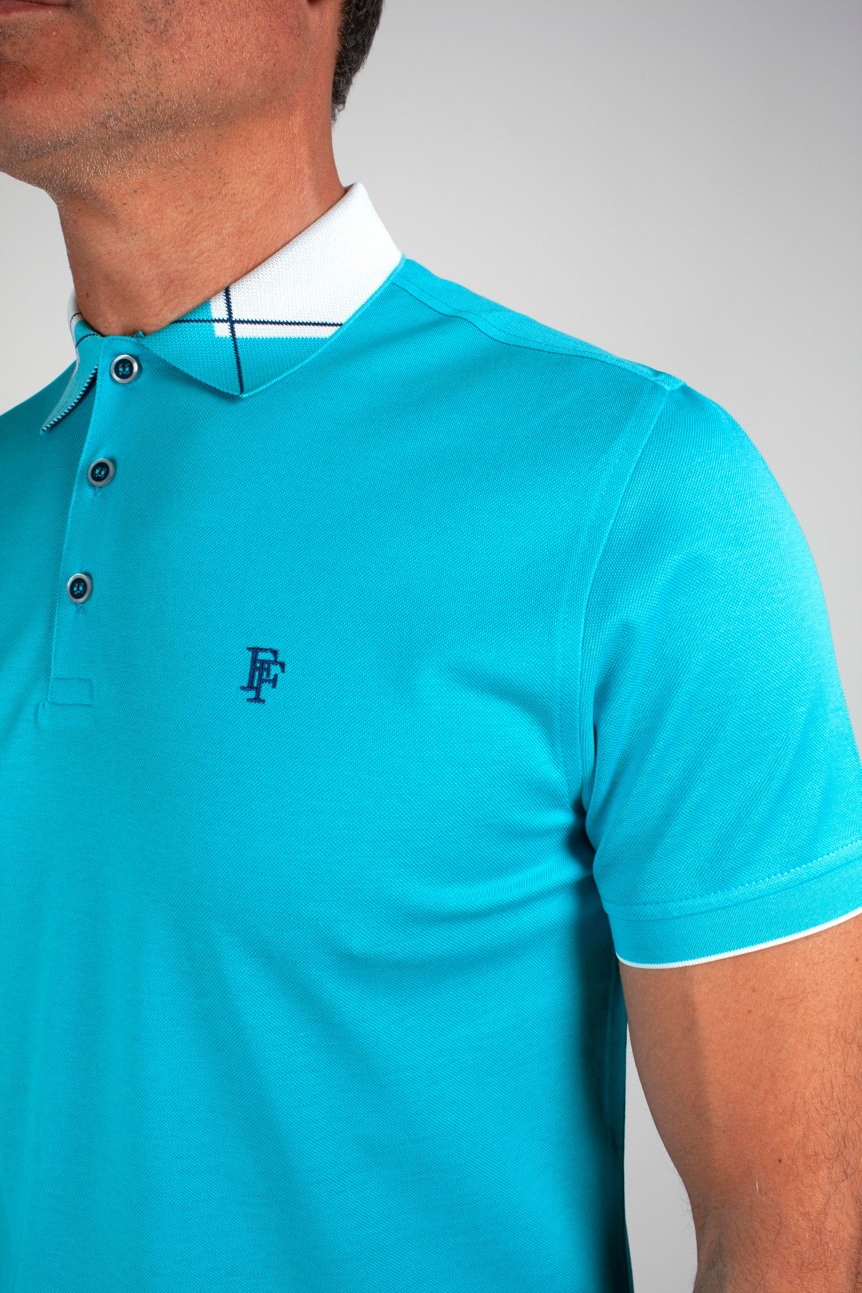 Reguler Fit Yaka Detaylı Merserize %100 Pamuk Turkuaz Polo Tişört