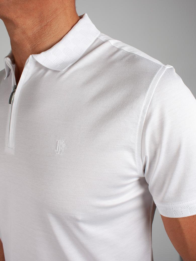 Reguler Fit Yaka Detaylı Merserize %100 Pamuk Fermuarlı Beyaz Polo Tişört
