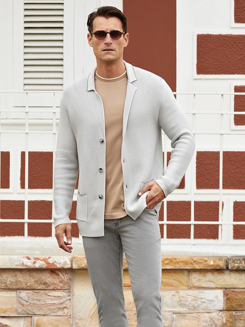 Standard Fit Buttoned 100% Cotton Gray Knit Jacket