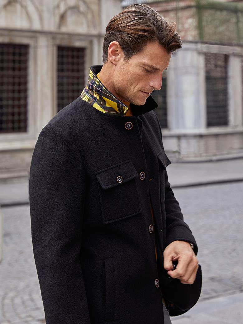 Standard Fit Black Wool Jacket with Printed Interior