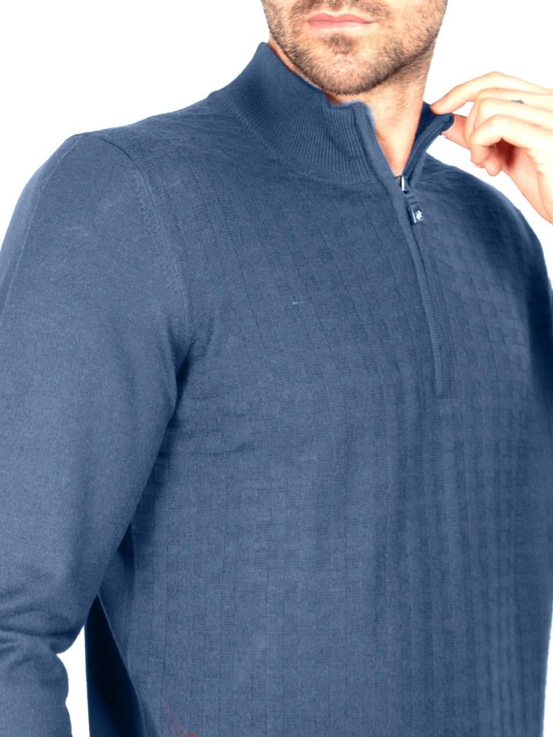Standart Fit İndigo Troyer Yaka Yün Triko