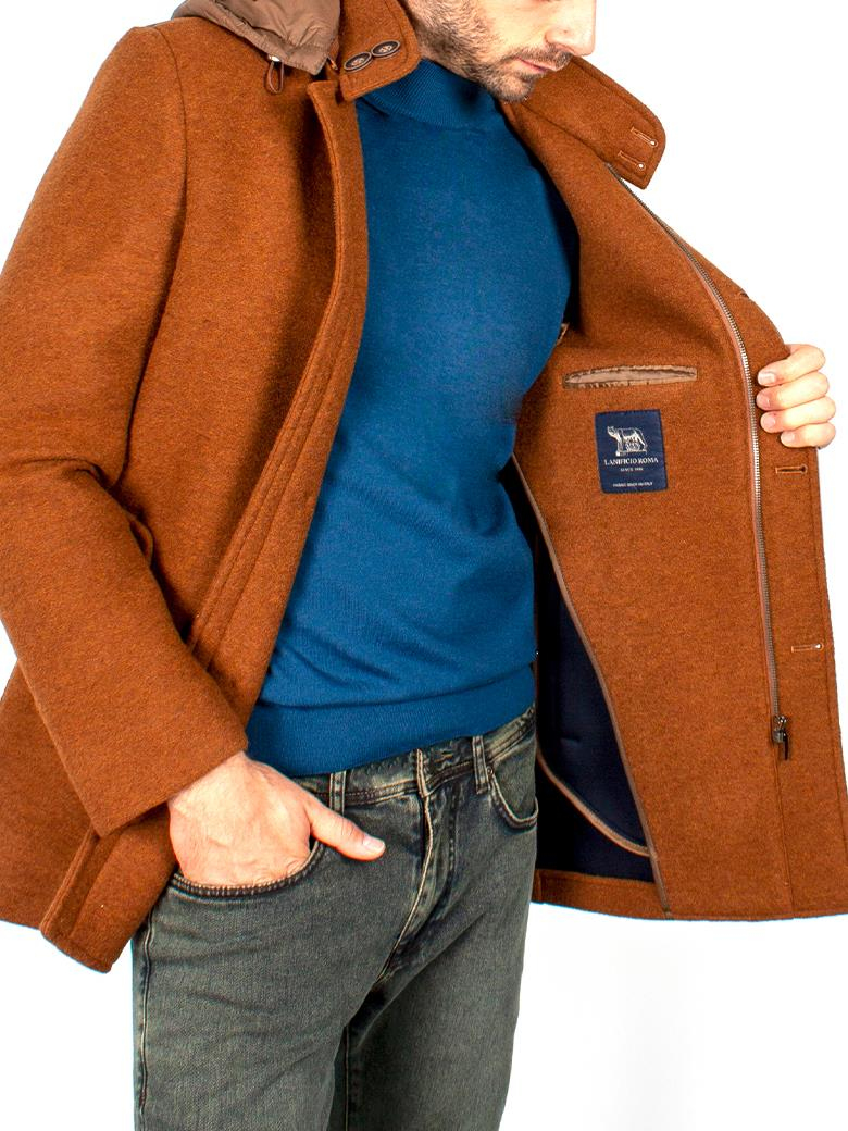 Standart Fit Kapşonlu Kiremit Uzun Yün Kaban