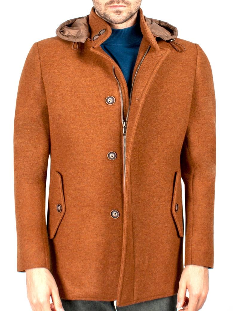 Standart Fit Kapşonlu Kiremit Uzun Yün Kaban