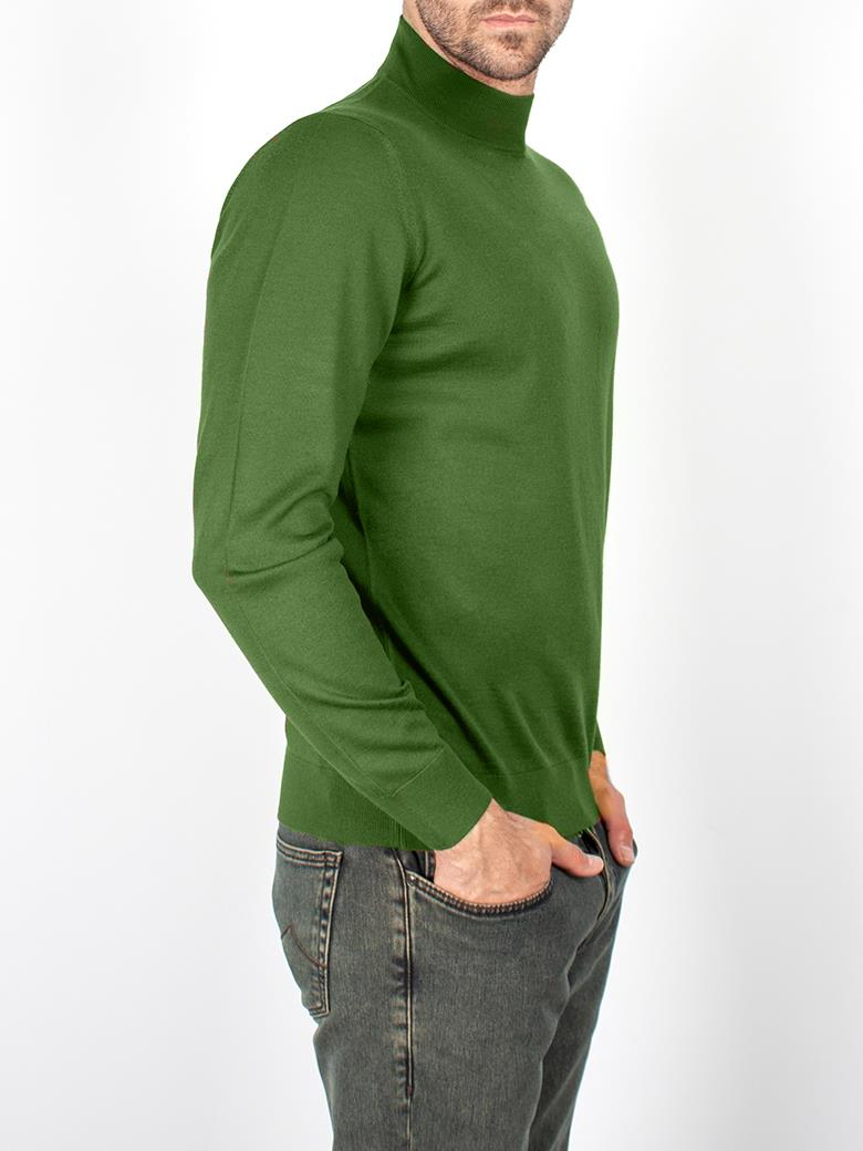 Standart Fit Normal Kesim Balıkçı Yaka Yeşil Triko Yün Kazak