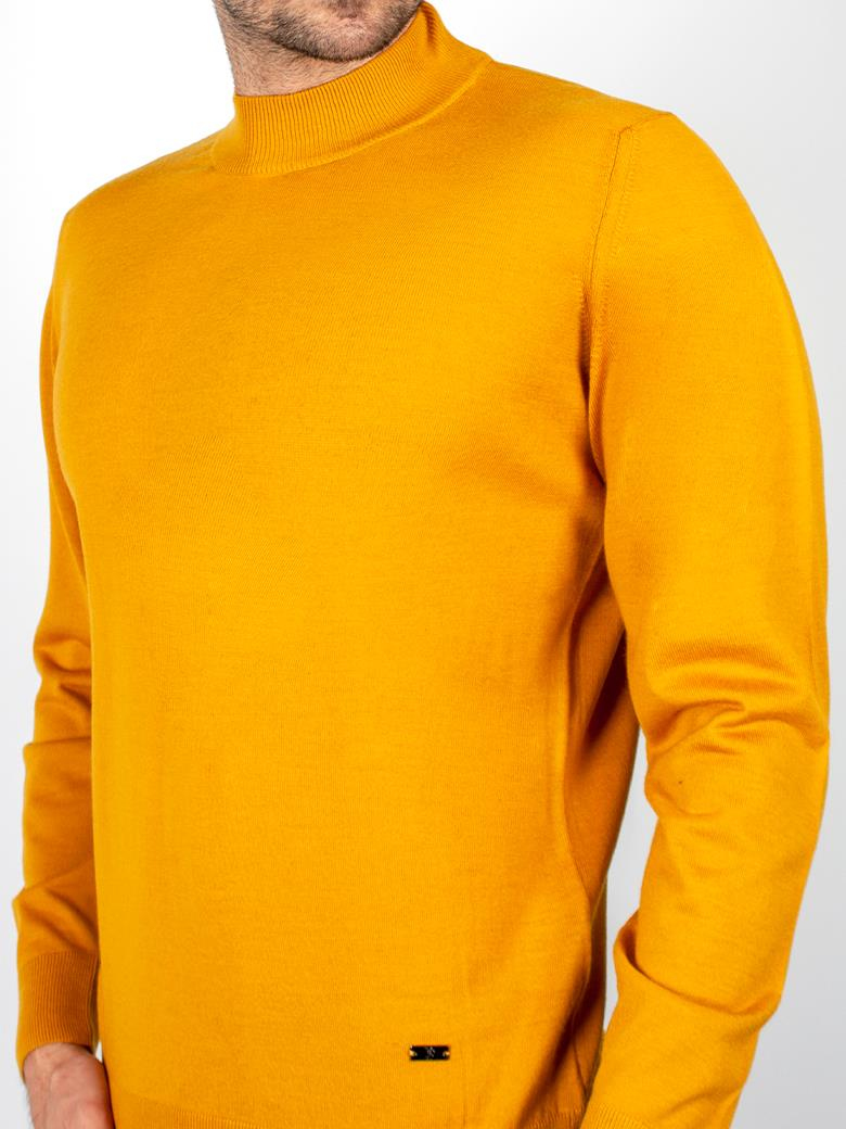 Standart Fit Normal Kesim Balıkçı Yaka Hardal Triko Yün Kazak