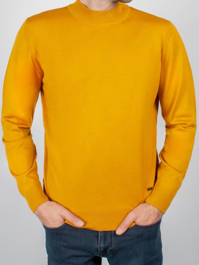 Standart Fit Normal Kesim Balıkçı Yaka Hardal Triko Yün Kazak