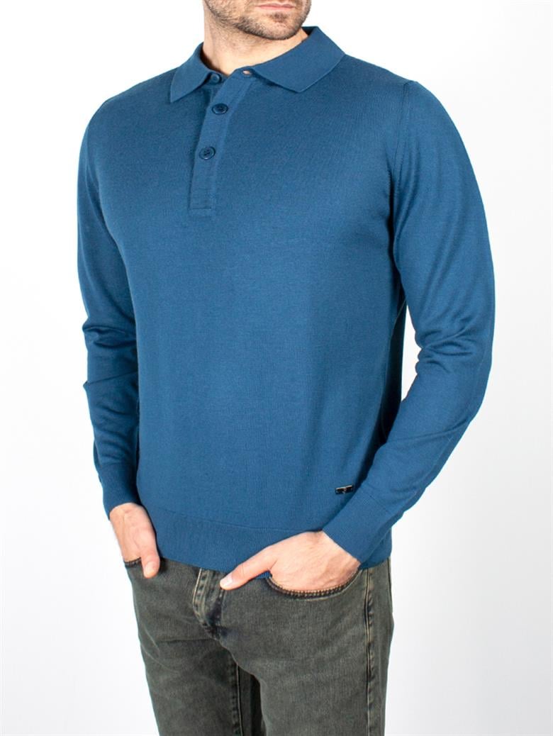 Standart Fit Normal Kesim Polo Yaka İndigo Triko Yün Kazak