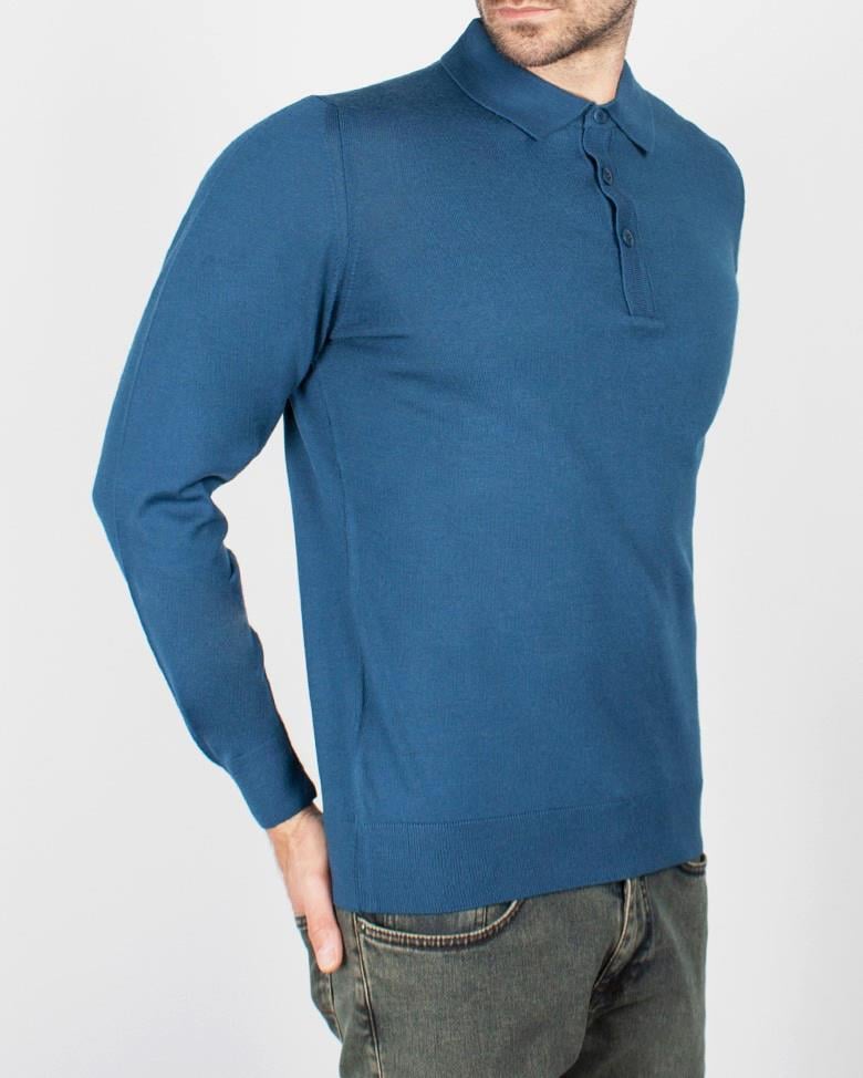 Standart Fit Normal Kesim Polo Yaka İndigo Triko Yün Kazak