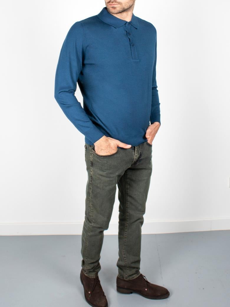 Standart Fit Normal Kesim Polo Yaka İndigo Triko Yün Kazak