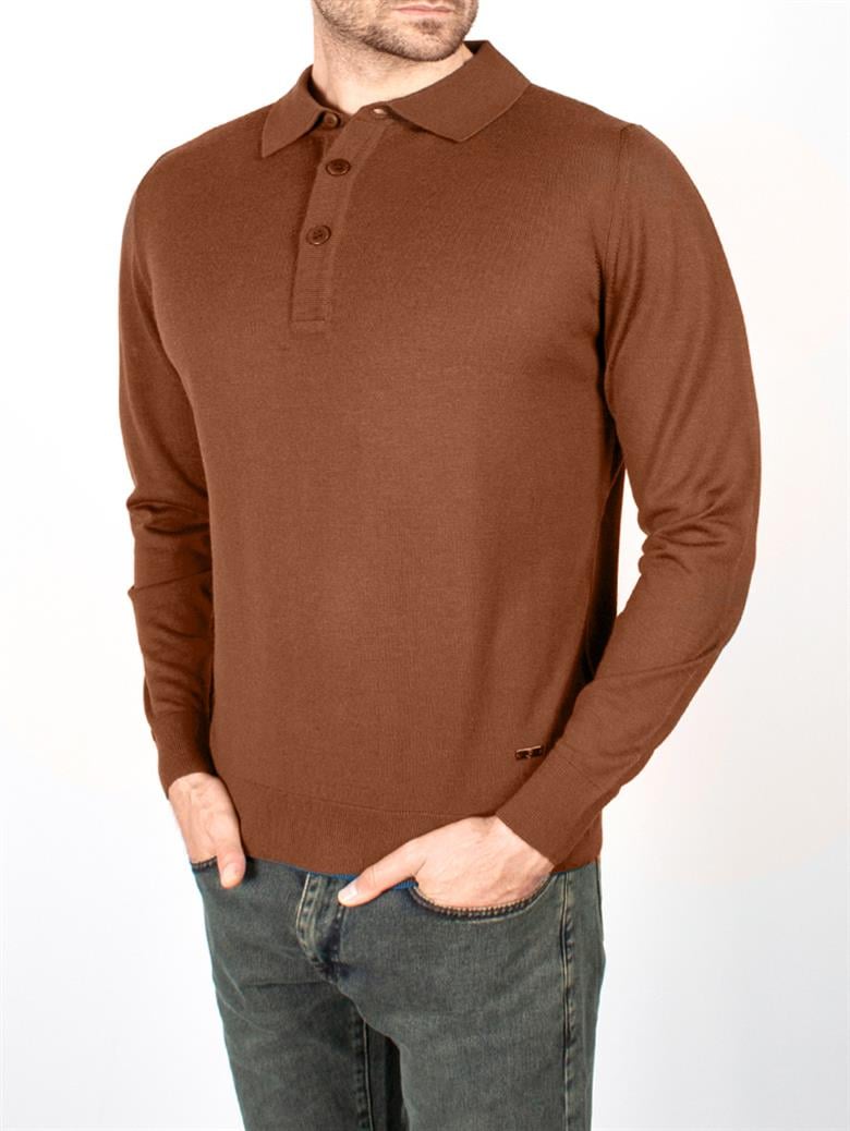 Standart Fit Normal Kesim Polo Yaka Kahve Triko Yün Kazak