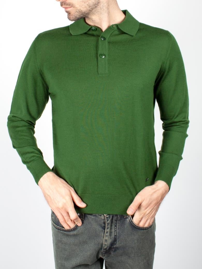 Standart Fit Normal Kesim Polo Yaka Yeşil Triko Yün Kazak