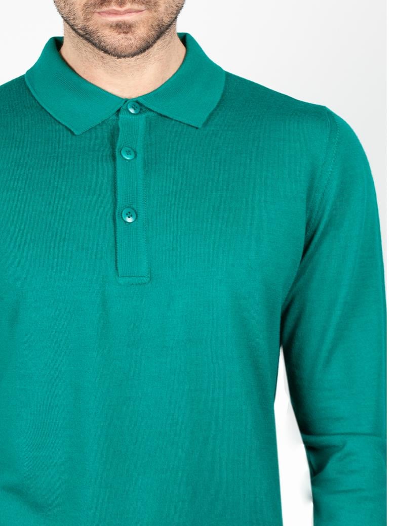 Standart Fit Normal Polo Yaka Açık Yeşil Triko Yün Kazak