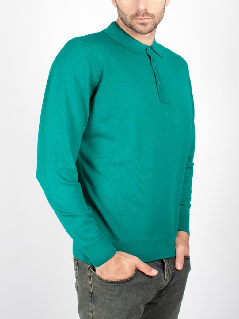 Standart Fit Normal Polo Yaka Açık Yeşil Triko Yün Kazak
