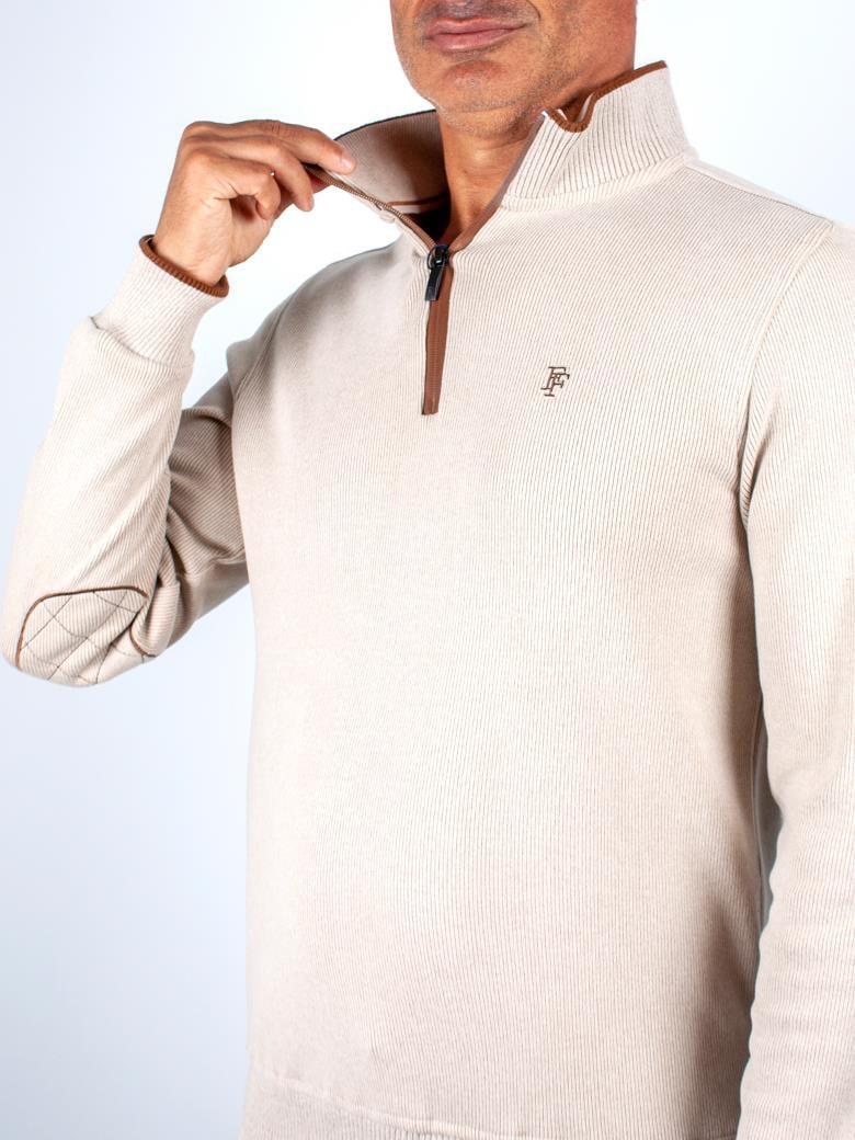 Standart Fit Troyer Yaka Ekru Fermuarlı Pamuk Sweatshirt