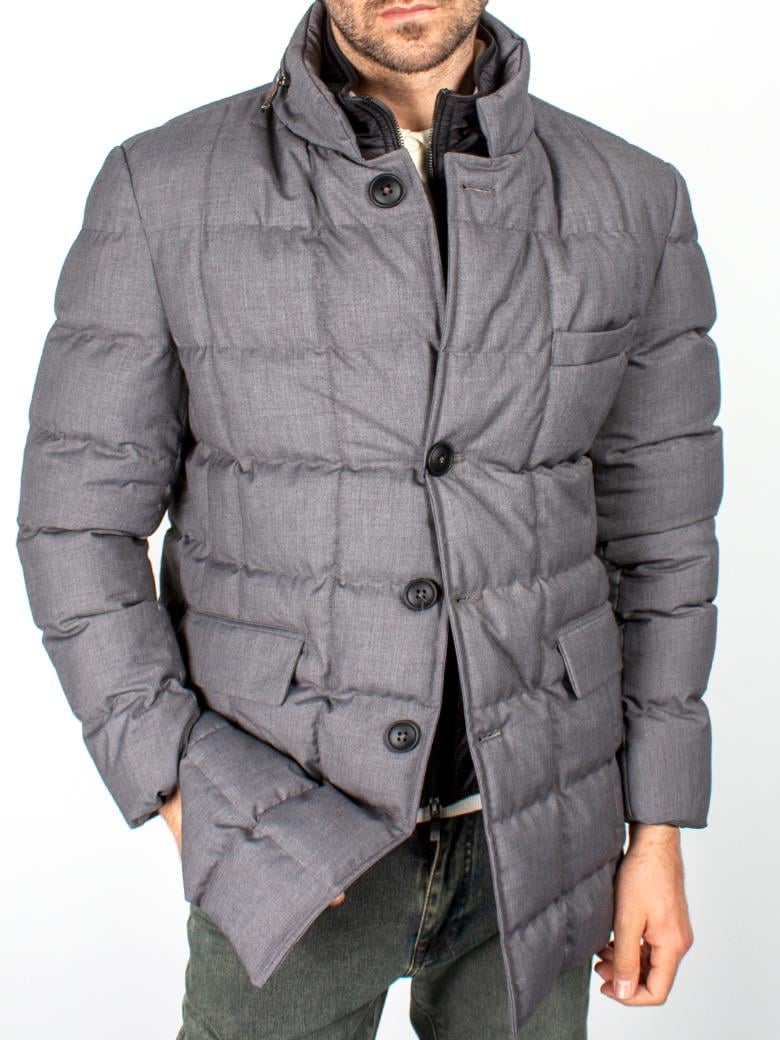 Standart Kesim Gri Gizli Kapşonlu Şişme Uzun Kaban