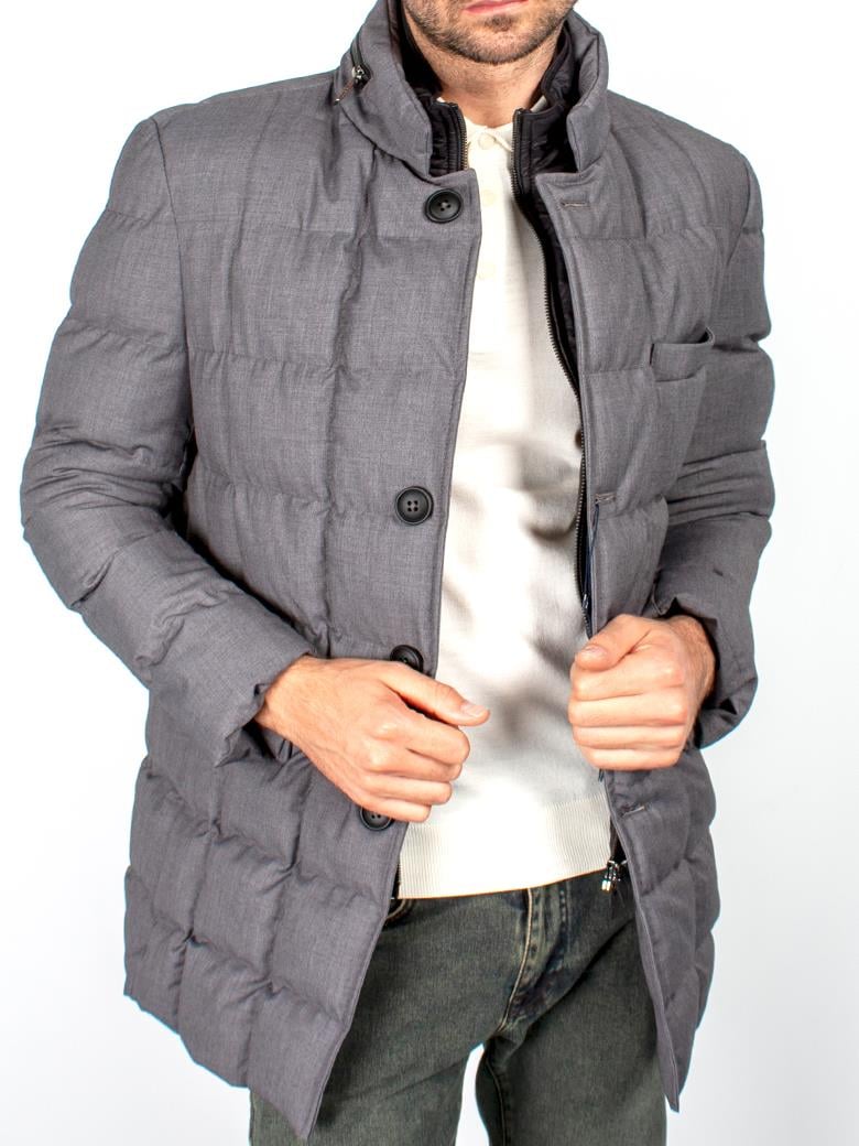 Standart Kesim Gri Gizli Kapşonlu Şişme Uzun Kaban