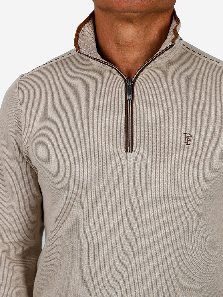 Troyer Yaka Fermuarlı Ekru Sweatshirt